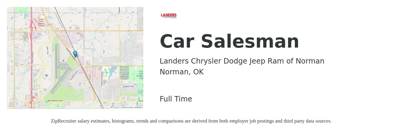 Landers Chrysler Dodge Jeep Ram of Norman job posting for a Car Salesman in Norman, OK with a salary of $11 to $16 Hourly with a map of Norman location.