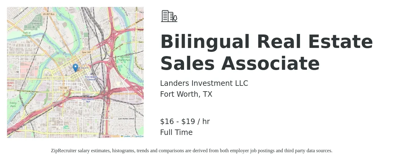 Landers Investment LLC job posting for a Bilingual Real Estate Sales Associate in Fort Worth, TX with a salary of $17 to $20 Hourly with a map of Fort Worth location.