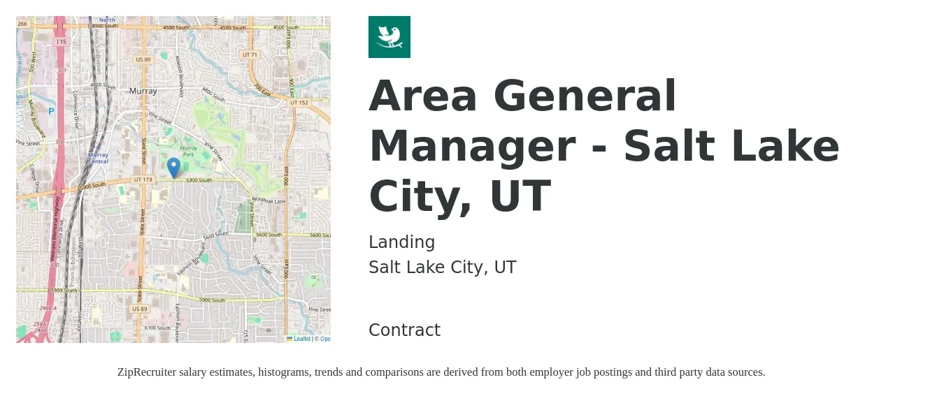 Landing job posting for a Area General Manager - Salt Lake City, UT in Salt Lake City, UT with a salary of $38,000 to $70,500 Yearly with a map of Salt Lake City location.