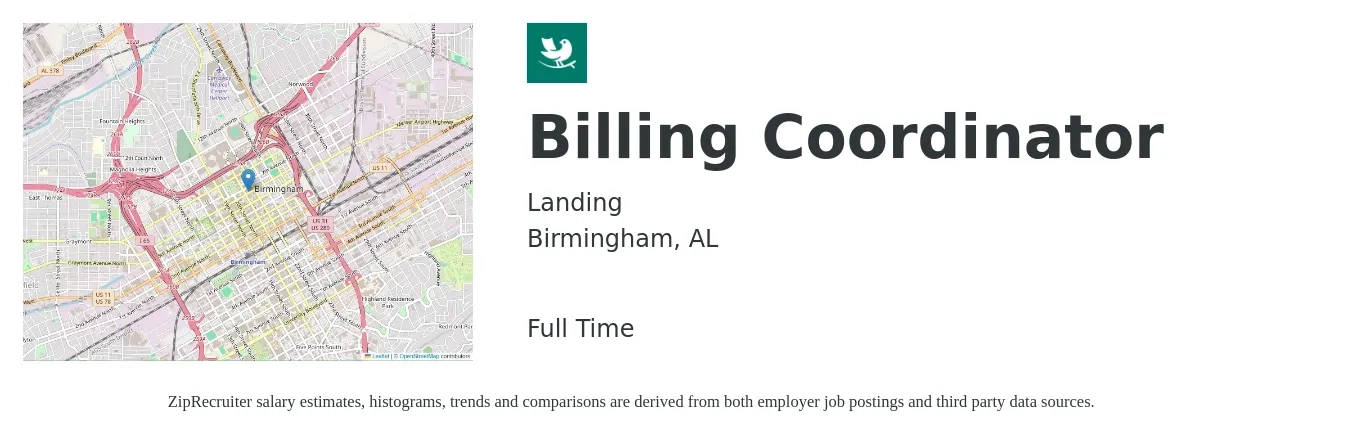 Landing job posting for a Billing Coordinator in Birmingham, AL with a salary of $20 to $30 Hourly with a map of Birmingham location.