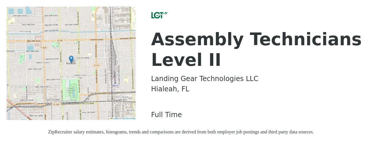 Landing Gear Technologies LLC job posting for a Assembly Technicians Level II in Hialeah, FL with a salary of $16 to $20 Hourly with a map of Hialeah location.