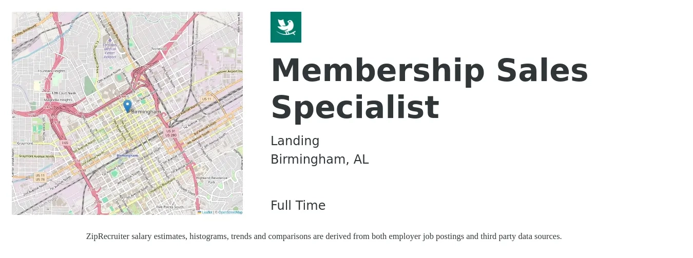 Landing job posting for a Membership Sales Specialist in Birmingham, AL with a salary of $43,100 to $71,700 Yearly with a map of Birmingham location.