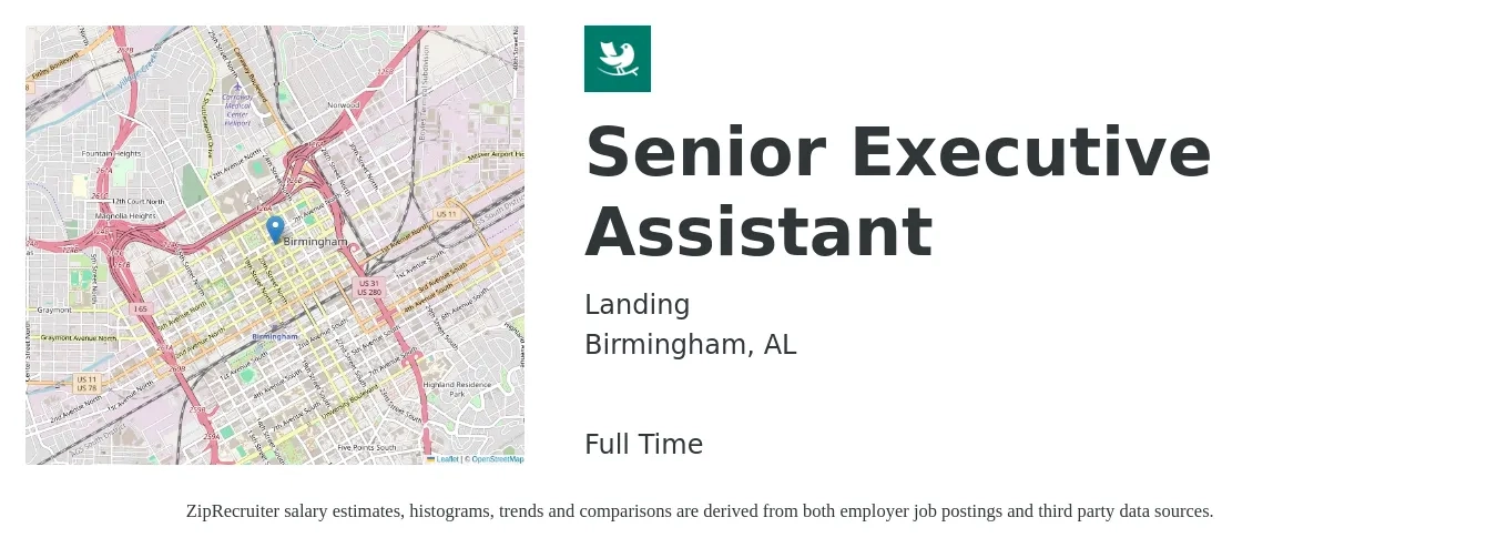 Landing job posting for a Senior Executive Assistant in Birmingham, AL with a salary of $56,300 to $98,900 Yearly with a map of Birmingham location.