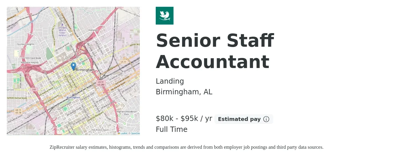 Landing job posting for a Senior Staff Accountant in Birmingham, AL with a salary of $65,200 to $80,200 Yearly with a map of Birmingham location.