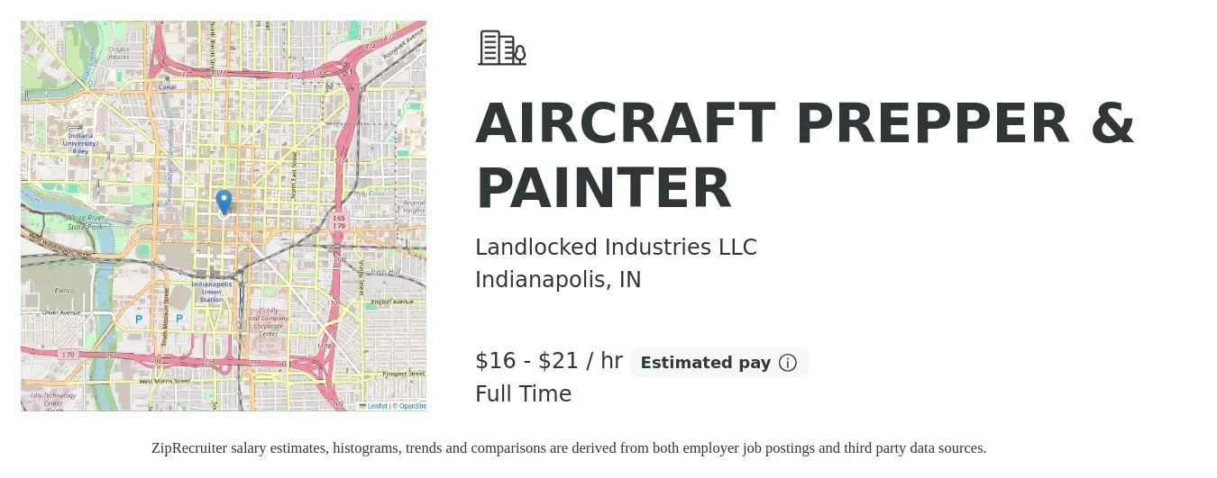 Landlocked Industries LLC job posting for a AIRCRAFT PREPPER & PAINTER in Indianapolis, IN with a salary of $17 to $22 Hourly with a map of Indianapolis location.