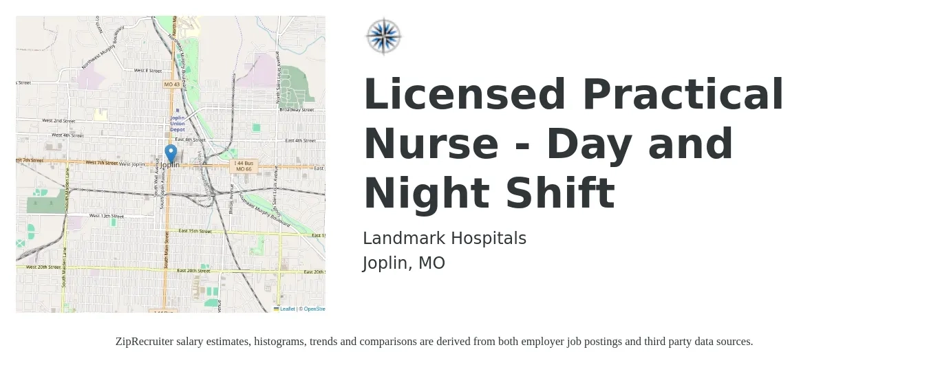 Landmark Hospitals job posting for a Licensed Practical Nurse - Day and Night Shift in Joplin, MO with a salary of $23 to $31 Hourly with a map of Joplin location.