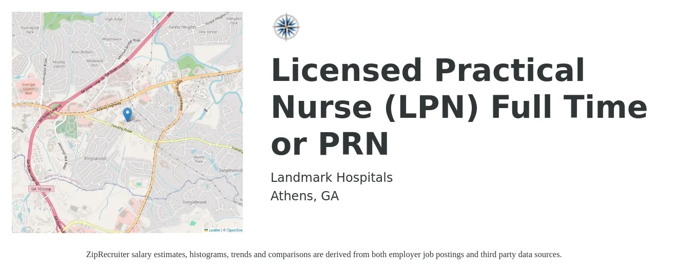 Landmark Hospitals job posting for a Licensed Practical Nurse (LPN) Full Time or PRN in Athens, GA with a salary of $22 to $30 Hourly with a map of Athens location.