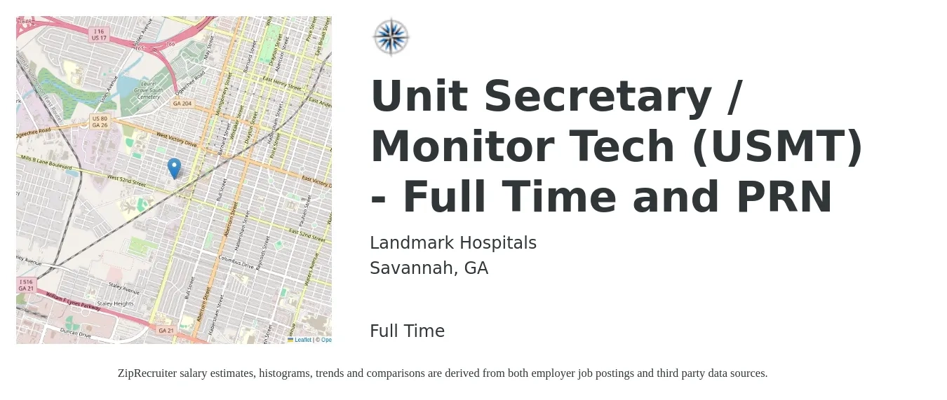 Landmark Hospitals job posting for a Unit Secretary / Monitor Tech (USMT) - Full Time and PRN in Savannah, GA with a salary of $39,600 to $48,400 Yearly with a map of Savannah location.