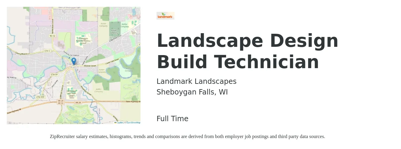 Landmark Landscapes job posting for a Landscape Design Build Technician in Sheboygan Falls, WI with a salary of $19 to $28 Hourly with a map of Sheboygan Falls location.