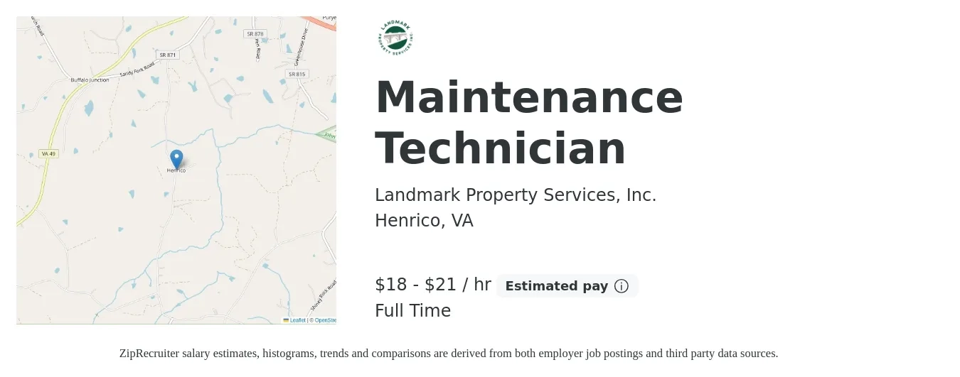 Landmark Property Services, Inc. job posting for a Maintenance Technician in Henrico, VA with a salary of $19 to $22 Hourly with a map of Henrico location.