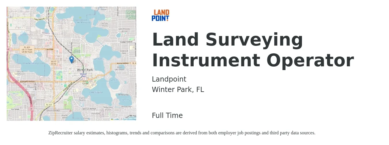 Landpoint job posting for a Land Surveying Instrument Operator in Winter Park, FL with a salary of $18 to $23 Hourly with a map of Winter Park location.