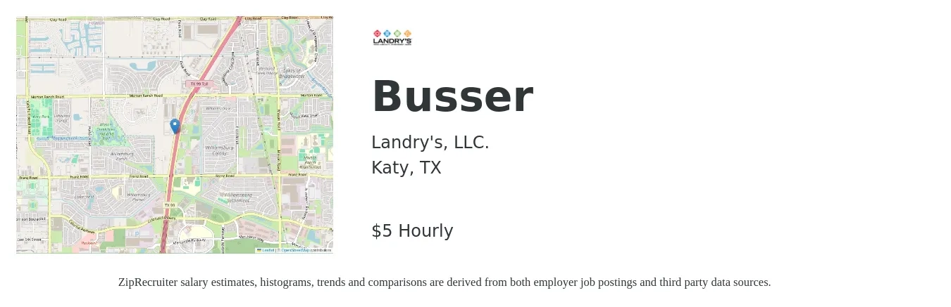 Landry's, LLC. job posting for a Busser in Katy, TX with a salary of $9 to $14 Hourly with a map of Katy location.
