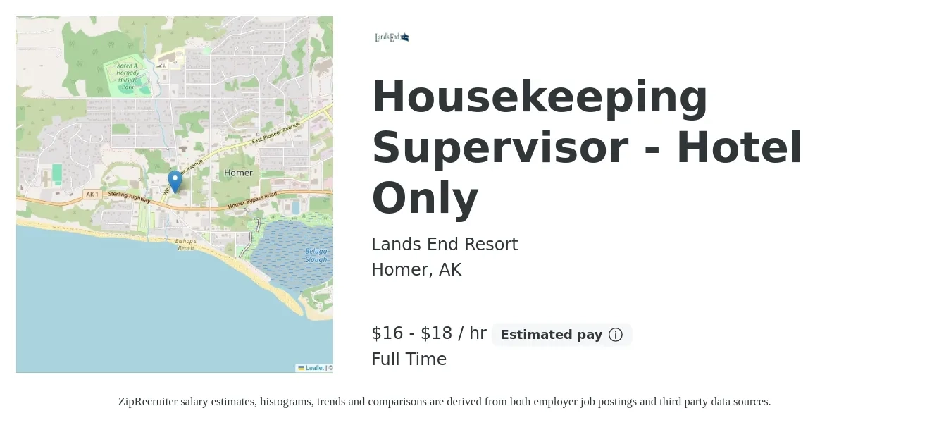 Lands End Resort job posting for a Housekeeping Supervisor - Hotel Only in Homer, AK with a salary of $18 to $20 Hourly with a map of Homer location.