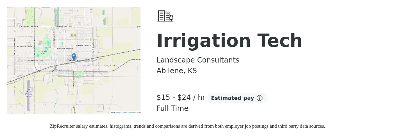Landscape Consultants job posting for a Irrigation Tech in Abilene, KS with a salary of $16 to $25 Hourly with a map of Abilene location.