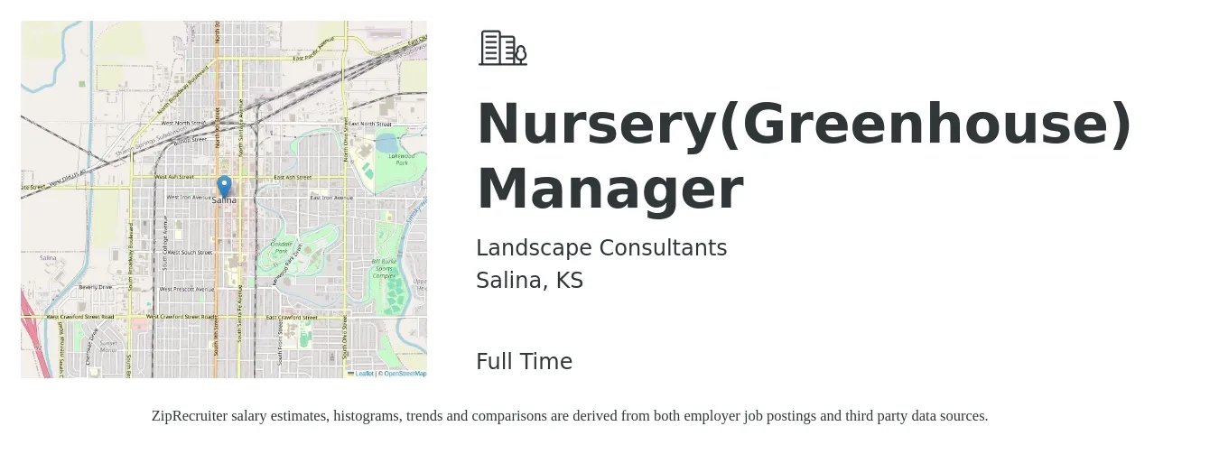 Landscape Consultants job posting for a Nursery (Greenhouse) Manager in Salina, KS with a salary of $48,000 to $52,000 Yearly with a map of Salina location.