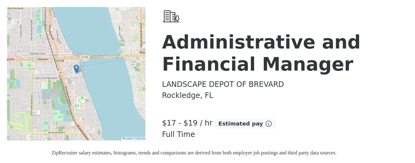 LANDSCAPE DEPOT OF BREVARD job posting for a Administrative and Financial Manager in Rockledge, FL with a salary of $18 to $20 Hourly with a map of Rockledge location.