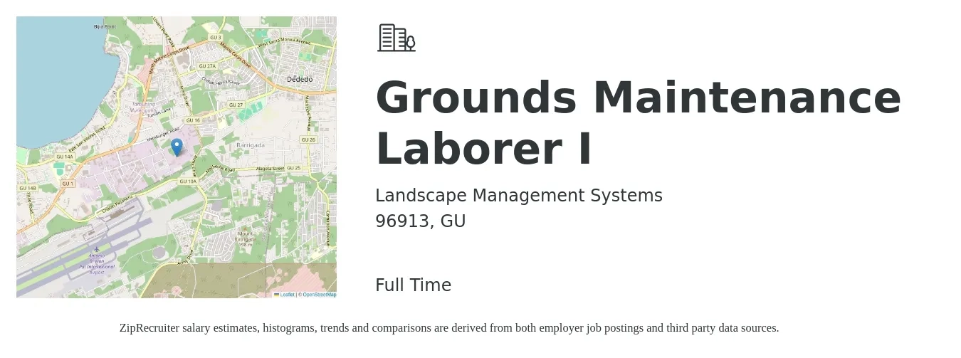 Landscape Management Systems job posting for a Grounds Maintenance Laborer I in 96913, GU with a salary of $15 to $19 Hourly with a map of 96913 location.
