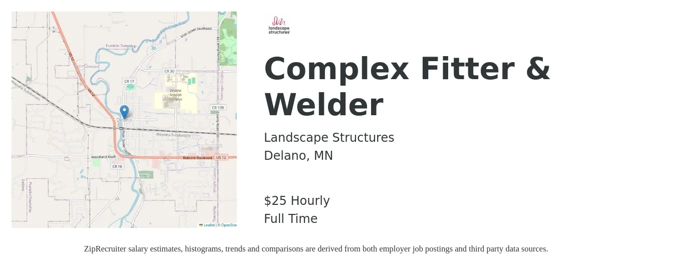 Landscape Structures job posting for a Complex Fitter & Welder in Delano, MN with a salary of $27 Hourly with a map of Delano location.