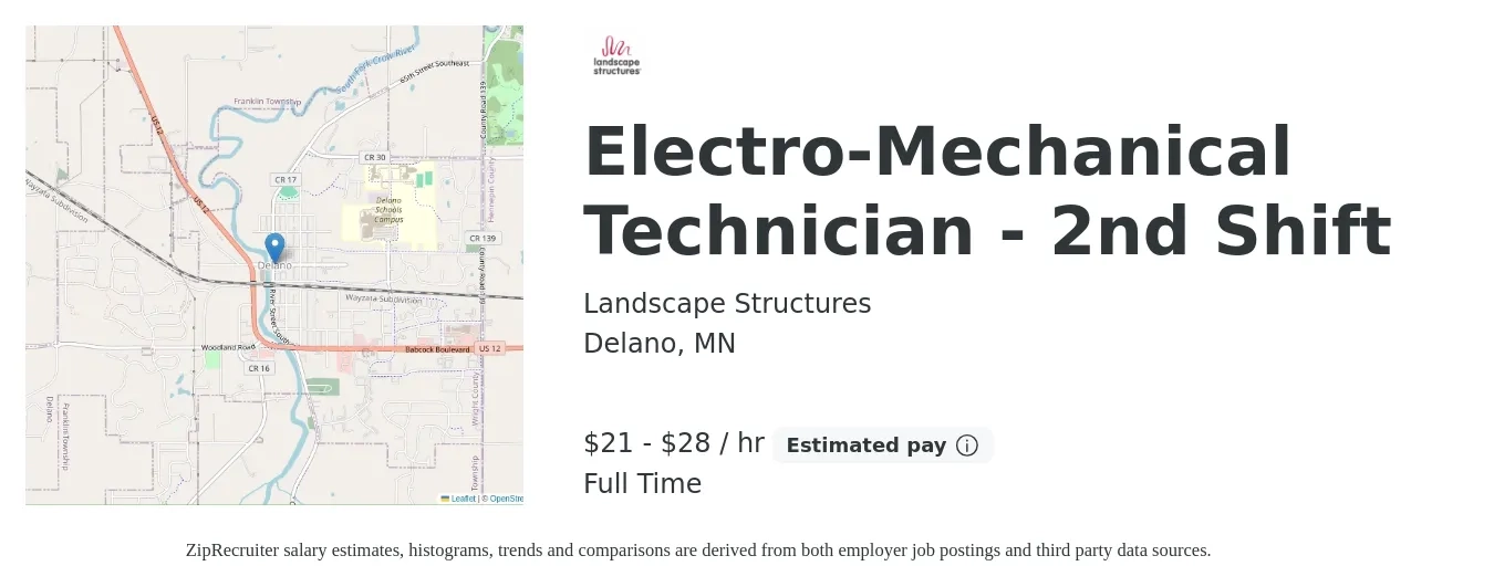 Landscape Structures job posting for a Electro-Mechanical Technician - 2nd Shift in Delano, MN with a salary of $22 to $30 Hourly with a map of Delano location.
