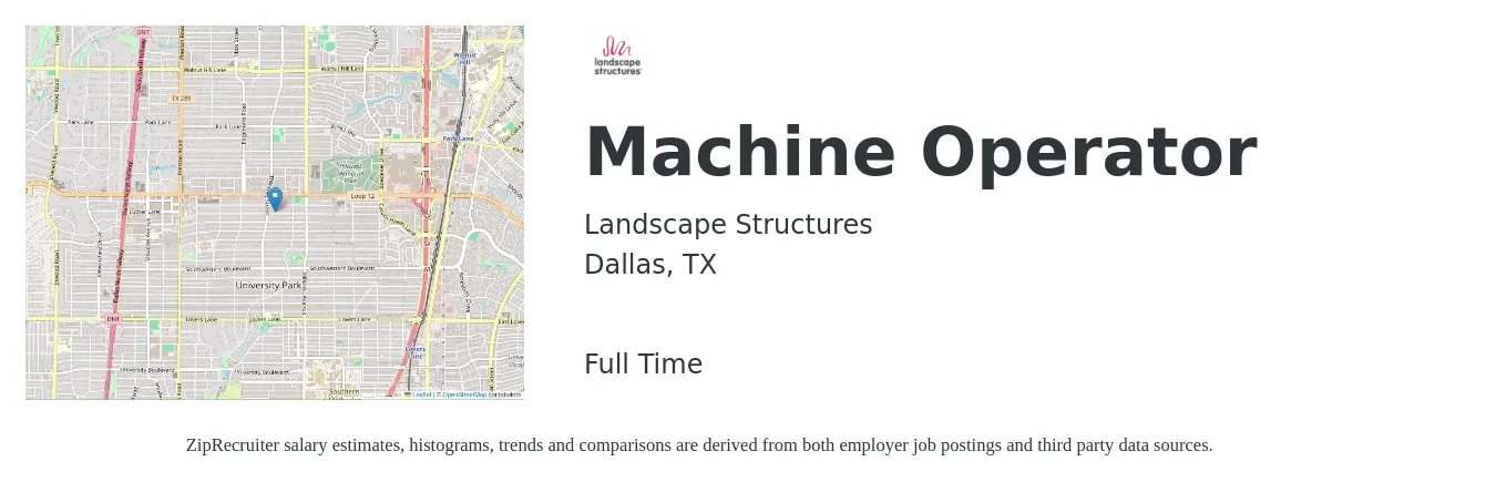 Landscape Structures job posting for a Machine Operator in Dallas, TX with a salary of $16 to $19 Hourly with a map of Dallas location.