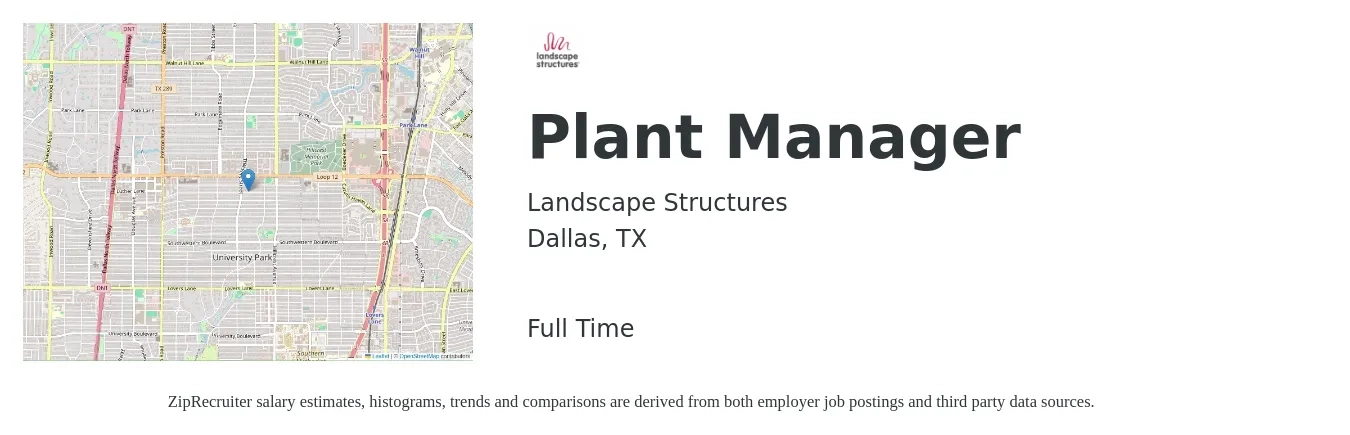 Landscape Structures job posting for a Plant Manager in Dallas, TX with a salary of $85,500 to $132,100 Yearly with a map of Dallas location.