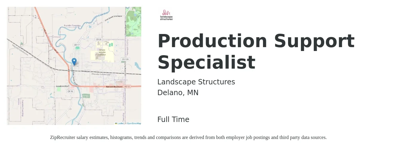 Landscape Structures job posting for a Production Support Specialist in Delano, MN with a salary of $18 to $25 Hourly with a map of Delano location.
