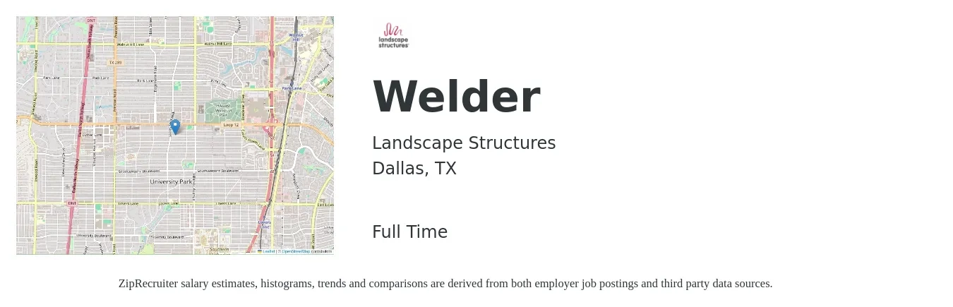 Landscape Structures job posting for a Welder in Dallas, TX with a salary of $18 to $24 Hourly with a map of Dallas location.