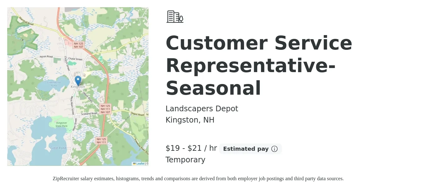 Landscapers Depot job posting for a Customer Service Representative- Seasonal in Kingston, NH with a salary of $20 to $22 Hourly with a map of Kingston location.