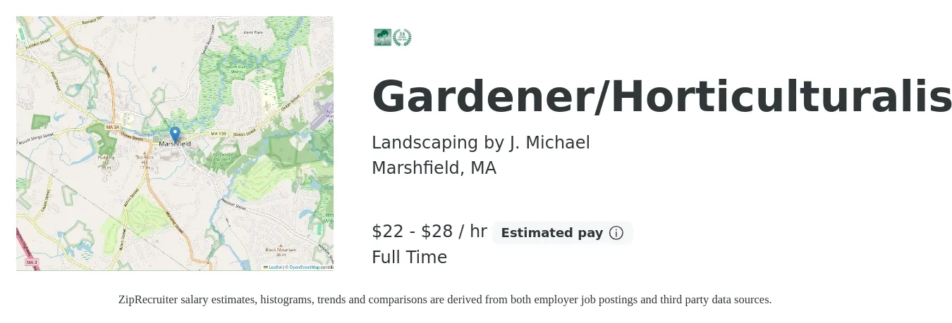 Landscaping by J. Michael job posting for a Gardener/Horticulturalist in Marshfield, MA with a salary of $23 to $30 Hourly with a map of Marshfield location.