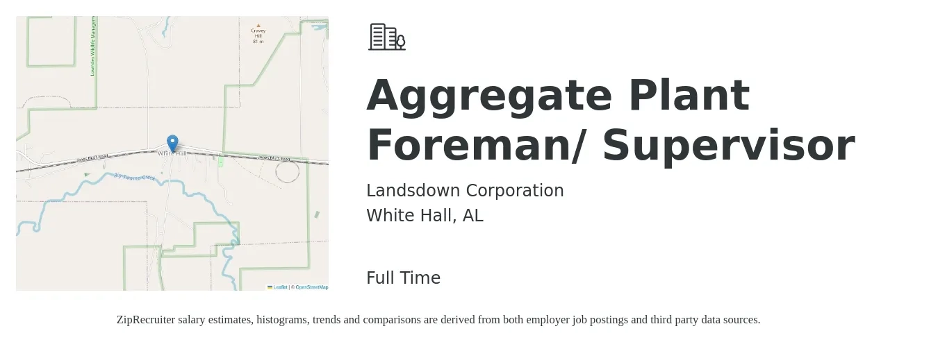 Landsdown Corporation job posting for a Aggregate Plant Foreman/ Supervisor in White Hall, AL with a salary of $48,700 to $77,000 Yearly with a map of White Hall location.