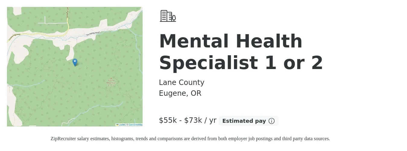 Lane County job posting for a Mental Health Specialist 1 or 2 in Eugene, OR with a salary of $55,016 to $73,445 Yearly with a map of Eugene location.