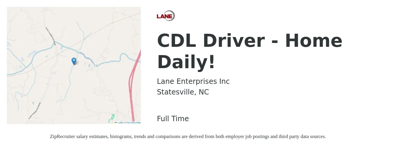 Lane Enterprises Inc job posting for a CDL Driver - Home Daily! in Statesville, NC with a salary of $22 to $38 Hourly with a map of Statesville location.