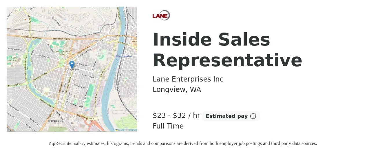 Lane Enterprises Inc job posting for a Inside Sales Representative in Longview, WA with a salary of $24 to $31 Hourly with a map of Longview location.
