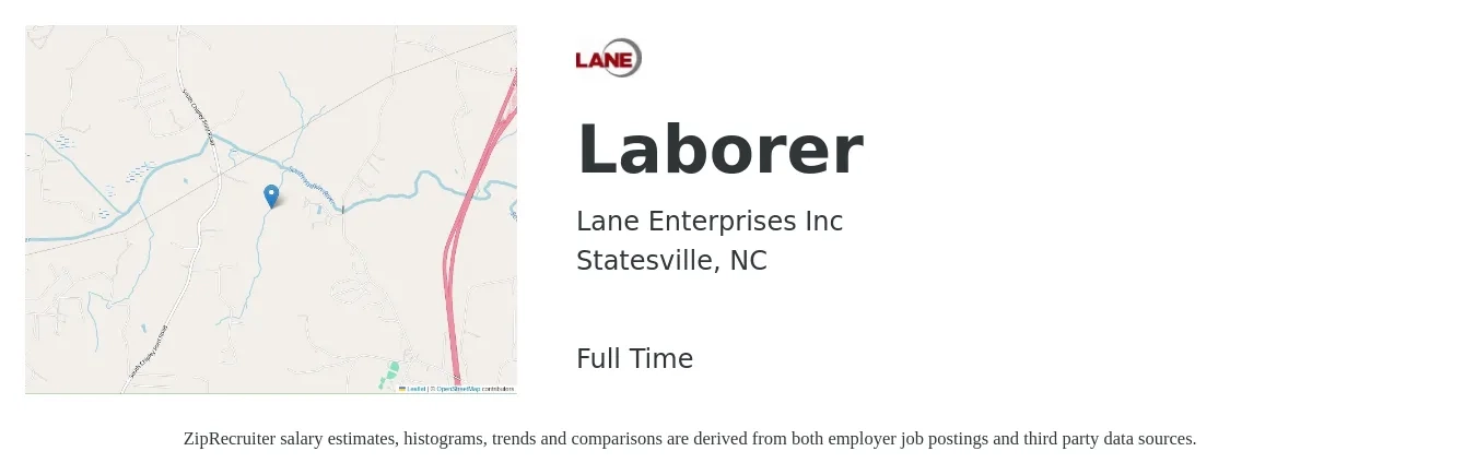 Lane Enterprises Inc job posting for a Laborer in Statesville, NC with a salary of $15 to $18 Hourly with a map of Statesville location.