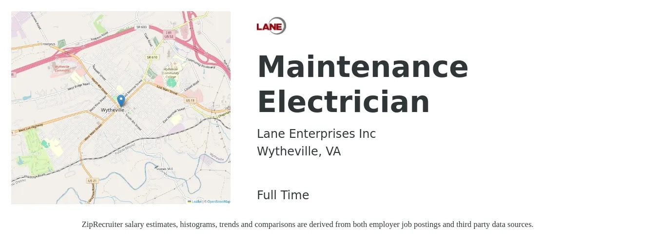 Lane Enterprises Inc job posting for a Maintenance Electrician in Wytheville, VA with a salary of $27 to $35 Hourly with a map of Wytheville location.