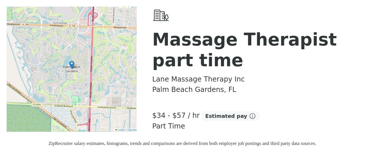 Lane Massage Therapy Inc job posting for a Massage Therapist part time in Palm Beach Gardens, FL with a salary of $36 to $60 Hourly and benefits including retirement with a map of Palm Beach Gardens location.