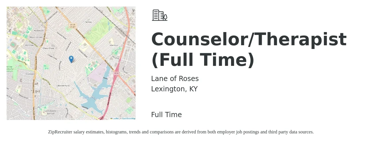 Lane of Roses job posting for a Counselor/Therapist (Full Time) in Lexington, KY with a salary of $59,400 to $84,100 Yearly with a map of Lexington location.