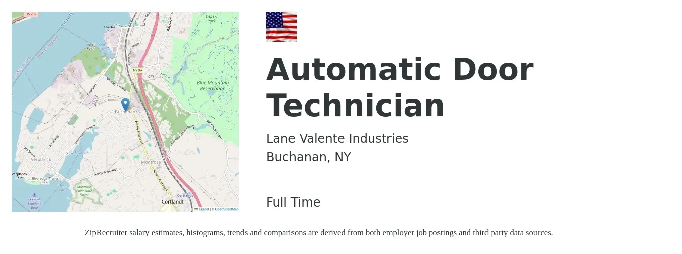 Lane Valente Industries job posting for a Automatic Door Technician in Buchanan, NY with a salary of $20 to $30 Hourly with a map of Buchanan location.