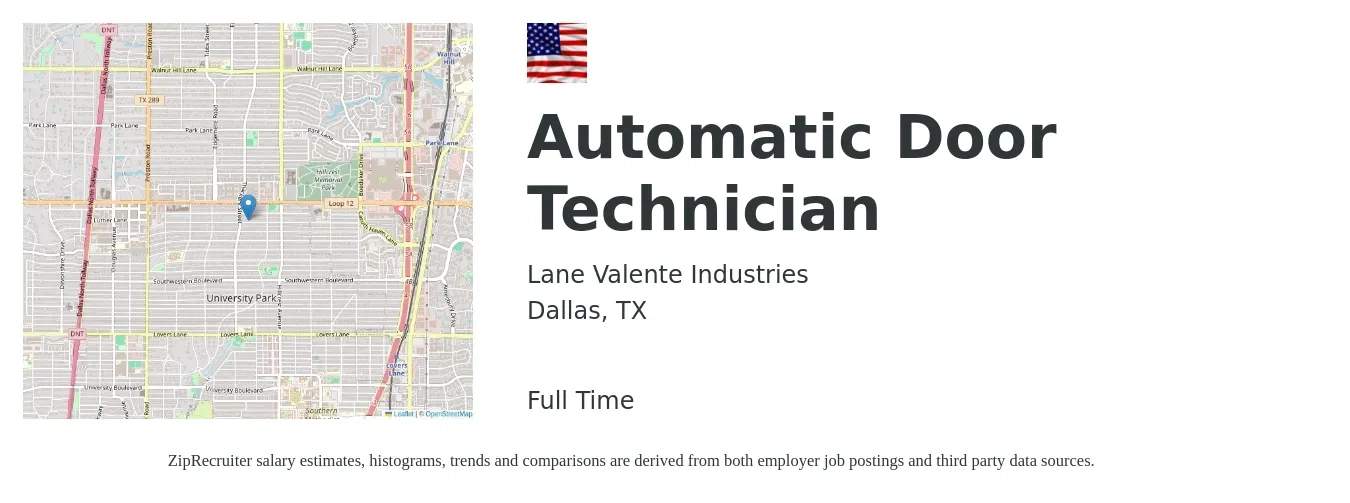 Lane Valente Industries job posting for a Automatic Door Technician in Dallas, TX with a salary of $18 to $28 Hourly with a map of Dallas location.