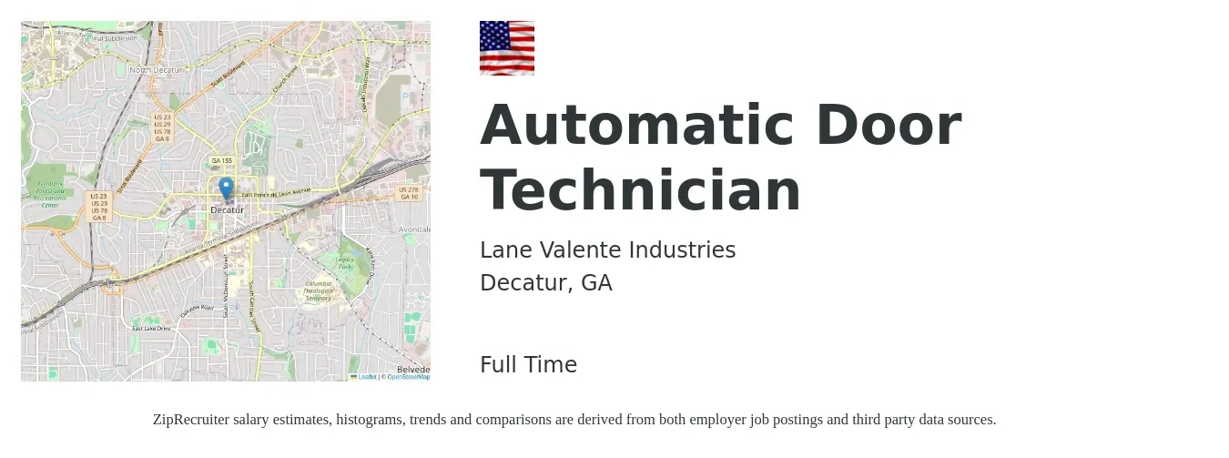 Lane Valente Industries job posting for a Automatic Door Technician in Decatur, GA with a salary of $19 to $29 Hourly with a map of Decatur location.