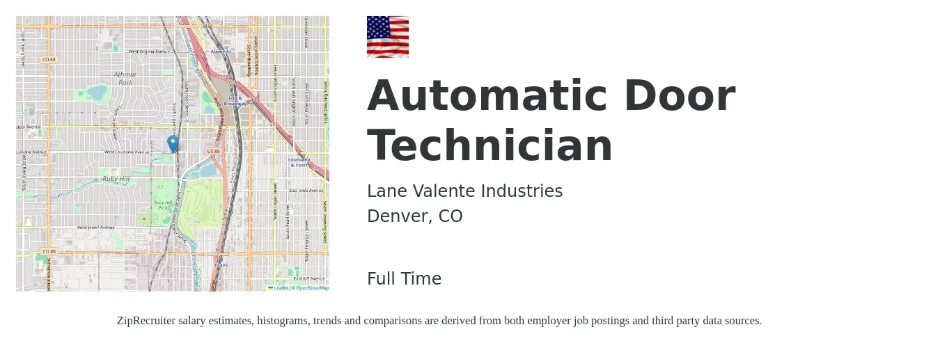 Lane Valente Industries job posting for a Automatic Door Technician in Denver, CO with a salary of $20 to $30 Hourly with a map of Denver location.