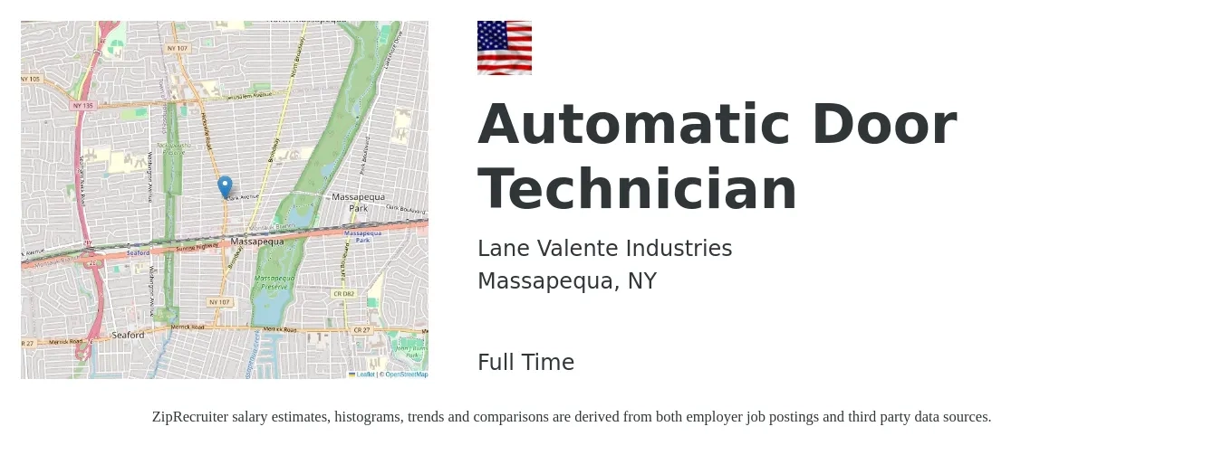 Lane Valente Industries job posting for a Automatic Door Technician in Massapequa, NY with a salary of $20 to $30 Hourly with a map of Massapequa location.