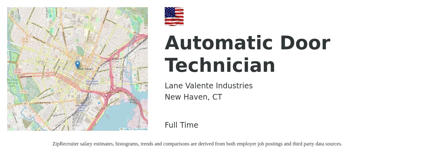 Lane Valente Industries job posting for a Automatic Door Technician in New Haven, CT with a salary of $20 to $30 Hourly with a map of New Haven location.