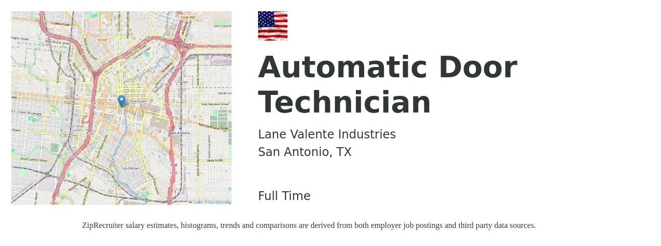 Lane Valente Industries job posting for a Automatic Door Technician in San Antonio, TX with a salary of $18 to $26 Hourly with a map of San Antonio location.