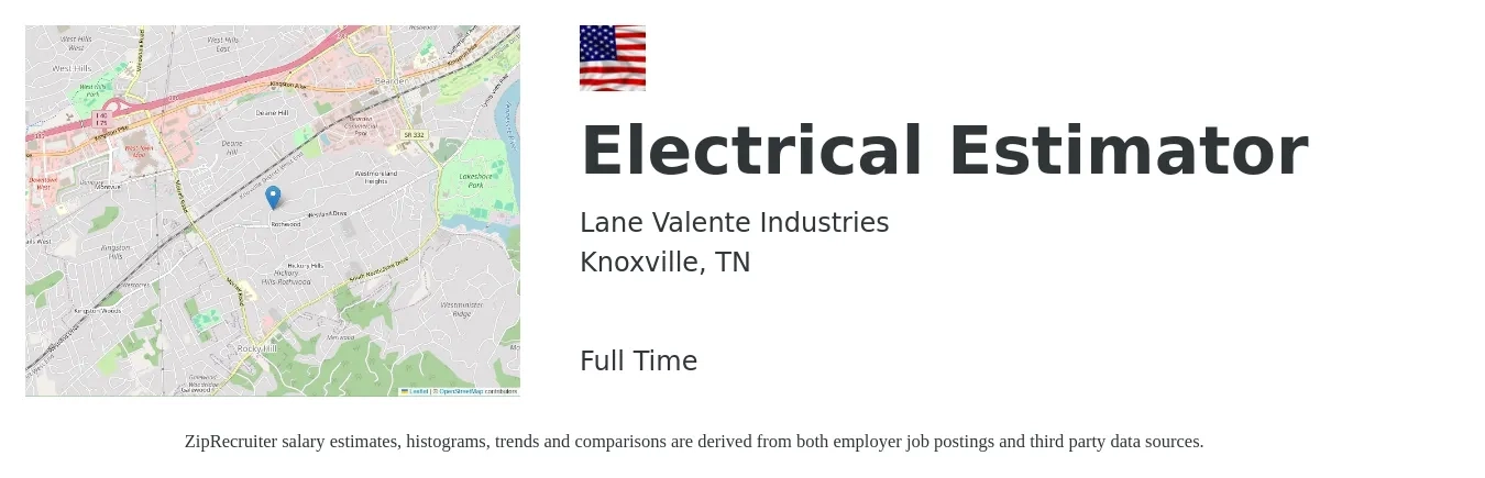Lane Valente Industries job posting for a Electrical Estimator in Knoxville, TN with a salary of $71,600 to $107,800 Yearly with a map of Knoxville location.