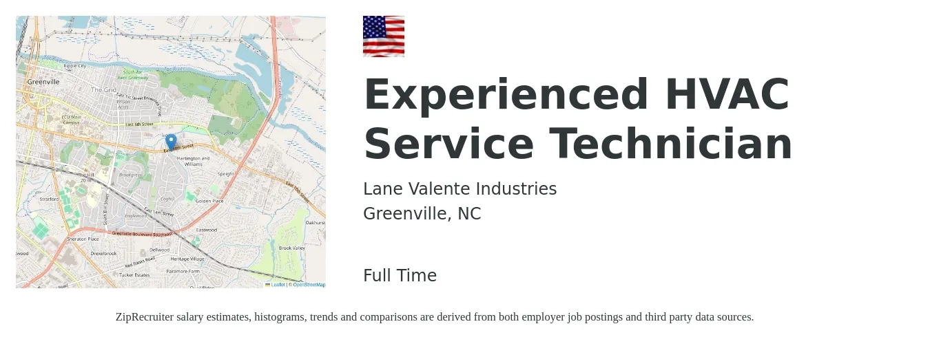 Lane Valente Industries job posting for a Experienced HVAC Service Technician in Greenville, NC with a salary of $24 to $34 Hourly with a map of Greenville location.