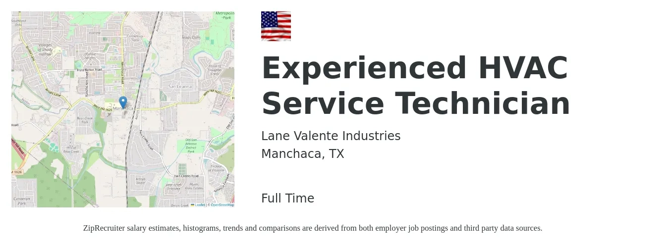 Lane Valente Industries job posting for a Experienced HVAC Service Technician in Manchaca, TX with a salary of $25 to $36 Hourly with a map of Manchaca location.