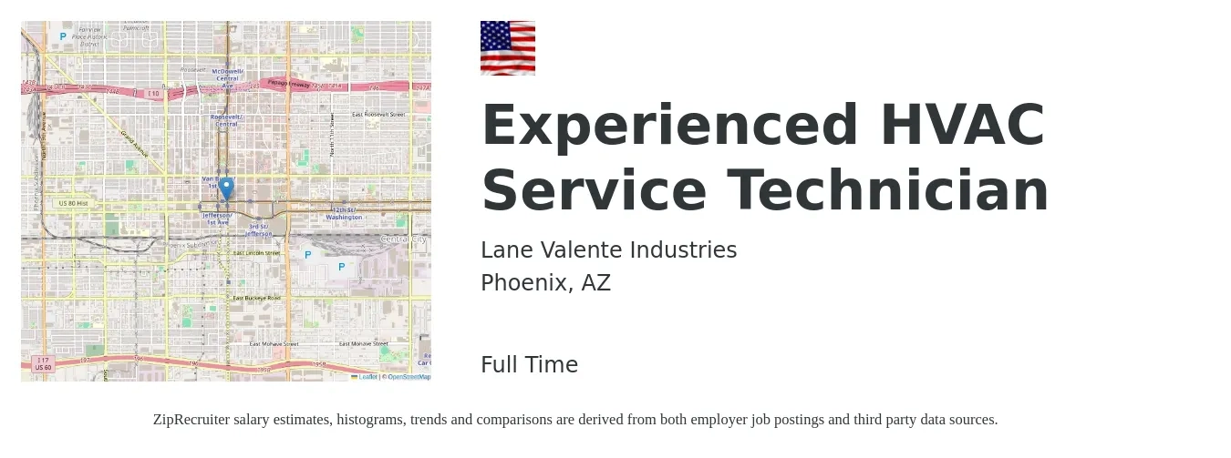 Lane Valente Industries job posting for a Experienced HVAC Service Technician in Phoenix, AZ with a salary of $24 to $34 Hourly with a map of Phoenix location.
