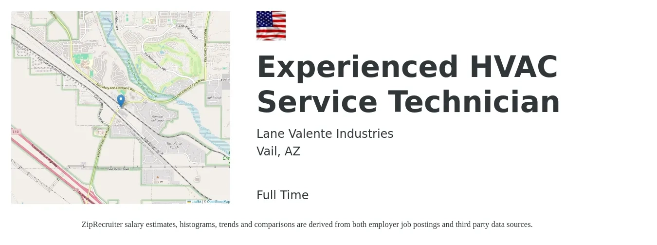 Lane Valente Industries job posting for a Experienced HVAC Service Technician in Vail, AZ with a salary of $26 to $37 Hourly with a map of Vail location.