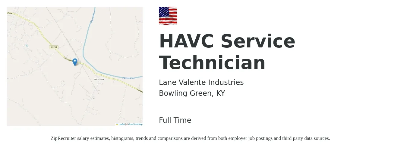 Lane Valente Industries job posting for a HAVC Service Technician in Bowling Green, KY with a salary of $20 to $30 Hourly with a map of Bowling Green location.